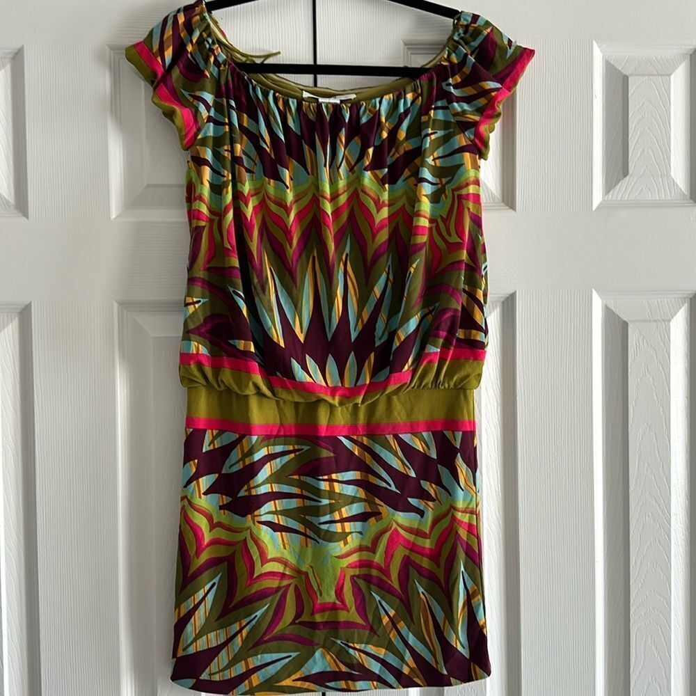 NICOLE MILLER Studio Women’s Colorful Summer Printed Short-sleeve Dress Size P